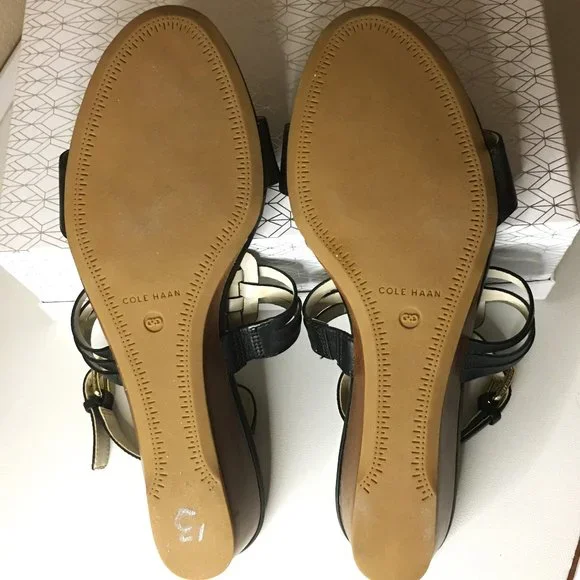 COLE HAAN "Findra" Black Leather Woven Slide Wedge Sandal | Size 9B - Picture 10 of 15